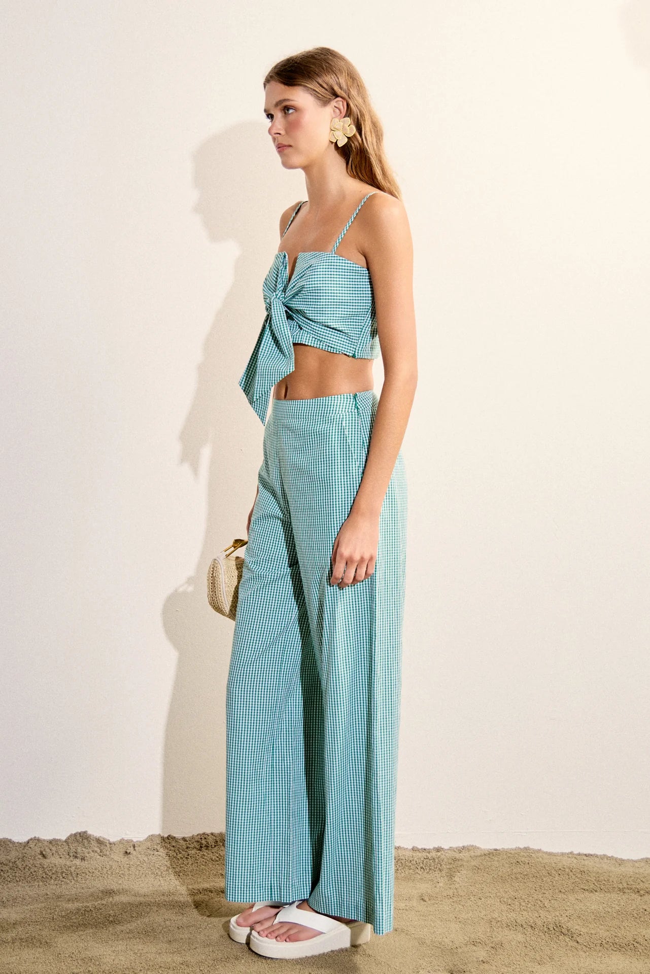 English Factory Gingham Twist Crop Top with Culotte Breeze Pants in Kelly Green size M