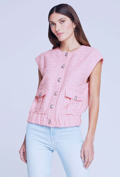 L'Agence Uma Speckled Knit Flap-Pocket Vest size M