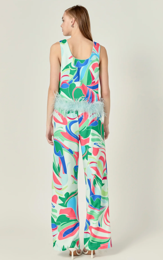 English Factory Abstract Print Feather Trim Top and Pants size S