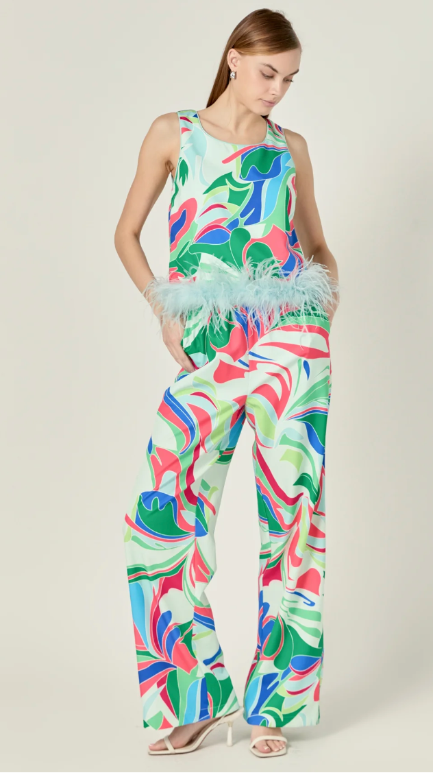 English Factory Abstract Print Feather Trim Top and Pants size S