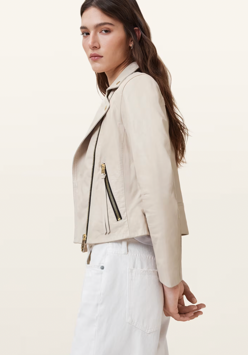 All Saints Dalby Biker Leather Jacket Ivory White size 6