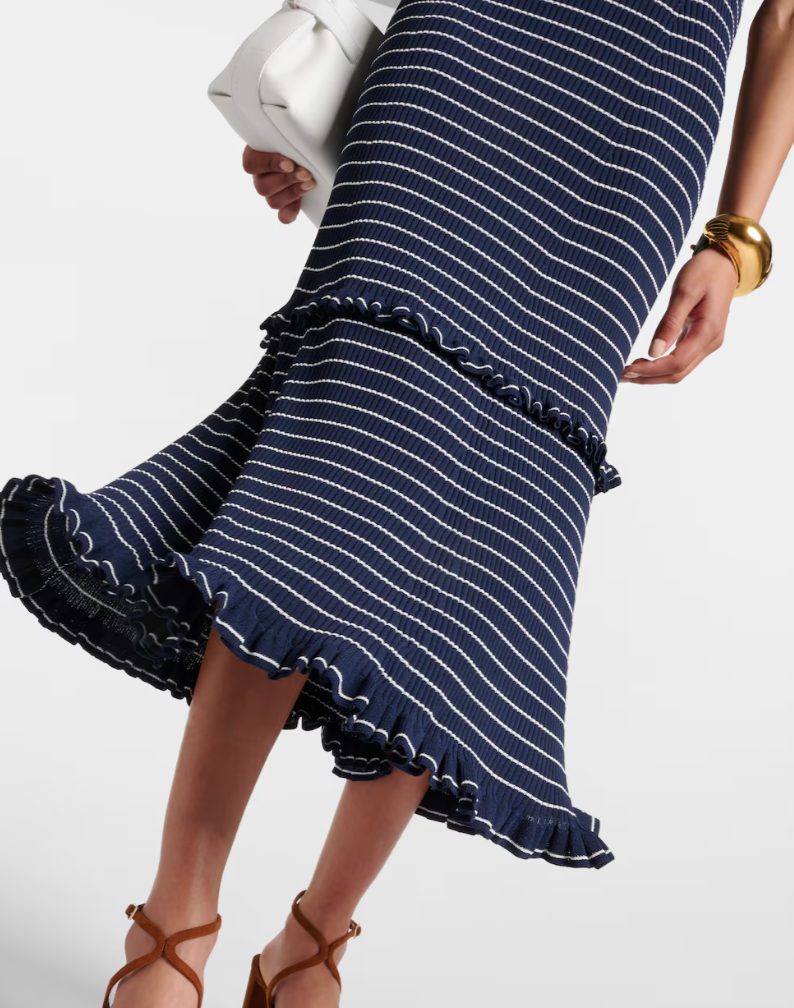 Altuzarra Navy Blue Delpini Stripe Ruffle Trim Midi Dress size S