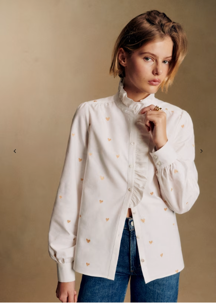 Sezane Chlo Shirt Gold Heart Embroidery size 34 US 2
