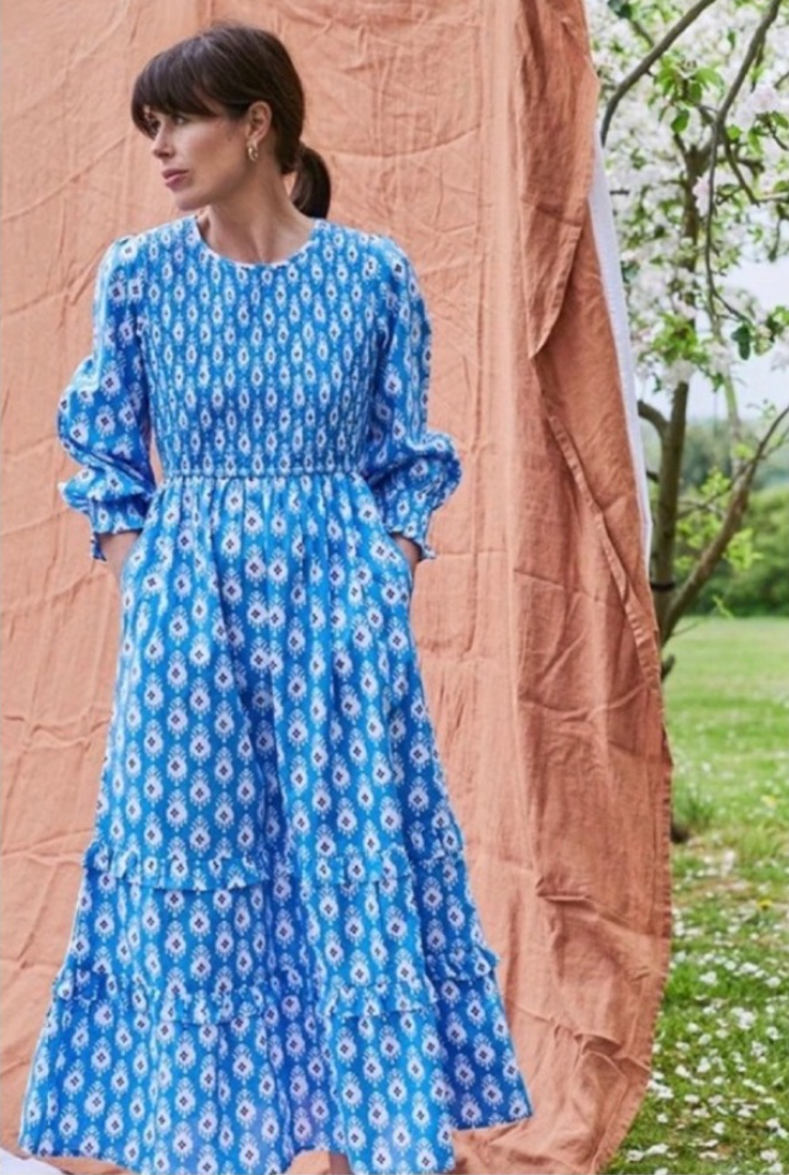 Pink City Prints Blue Diamond Print Smocked Long Sleeve Maxi Dress size XS