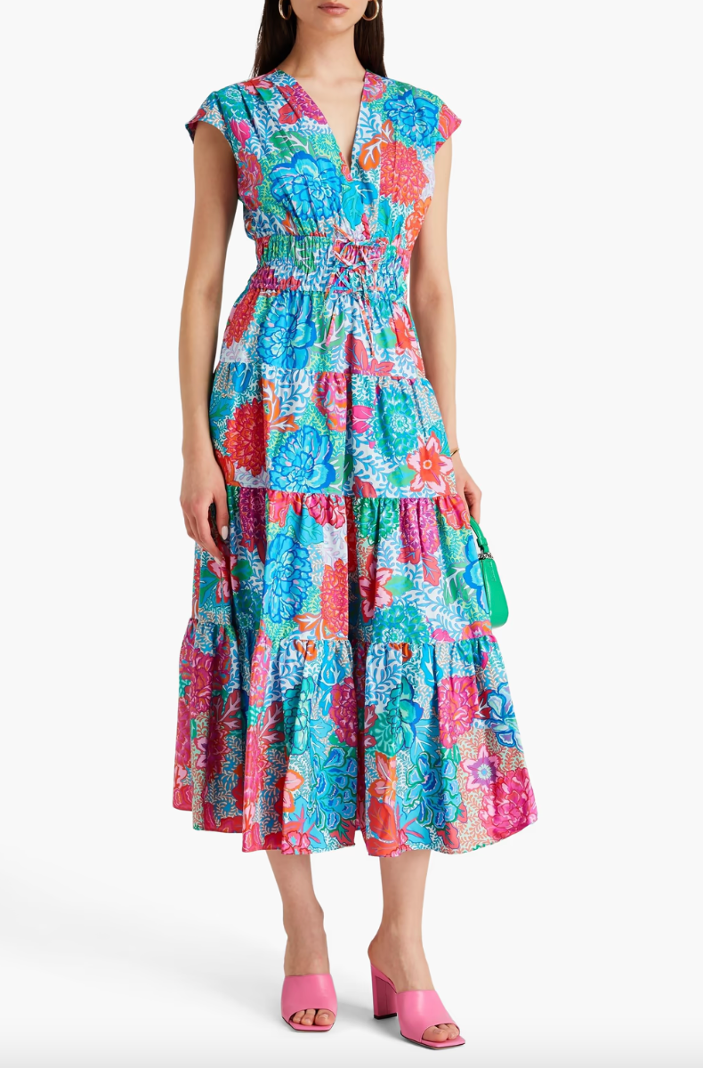 Derek Lam Fatima Tiered Floral-Print Stretch-Cotton Poplin Midi Dress size 16