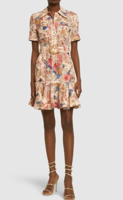 Zimmermann August Belted Ruffled Floral-Print Linen Mini Dress size 0P US 2P