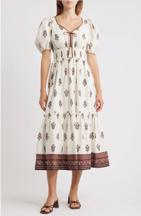 Moon River Puff Sleeve Pleated Midi Dress In Cream Multi In White size S