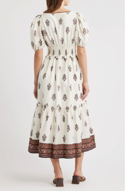 Moon River Puff Sleeve Pleated Midi Dress In Cream Multi In White size S