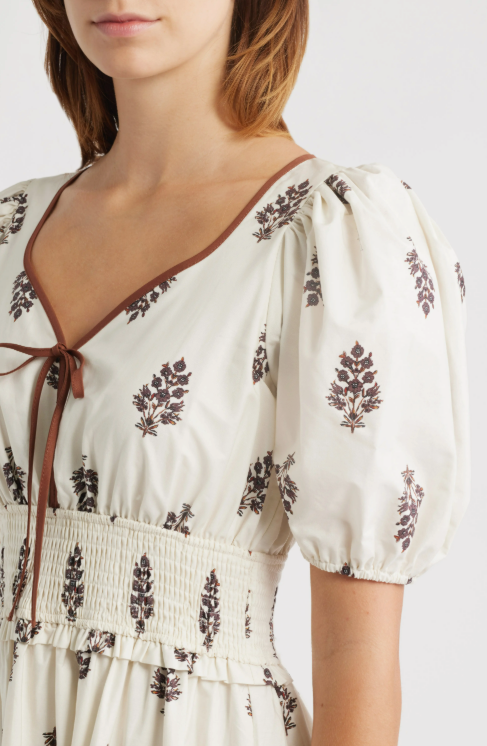 Moon River Puff Sleeve Pleated Midi Dress In Cream Multi In White size S