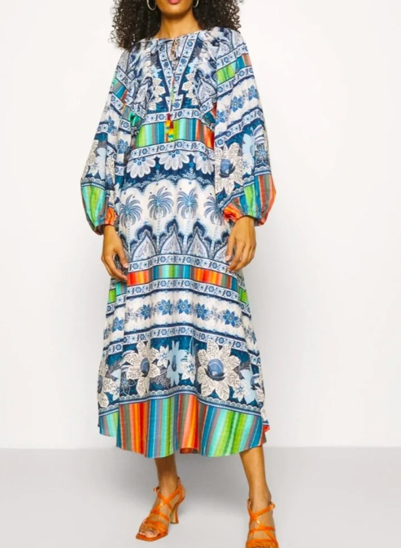 Farm Rio Blue Palms Midi Dress size S