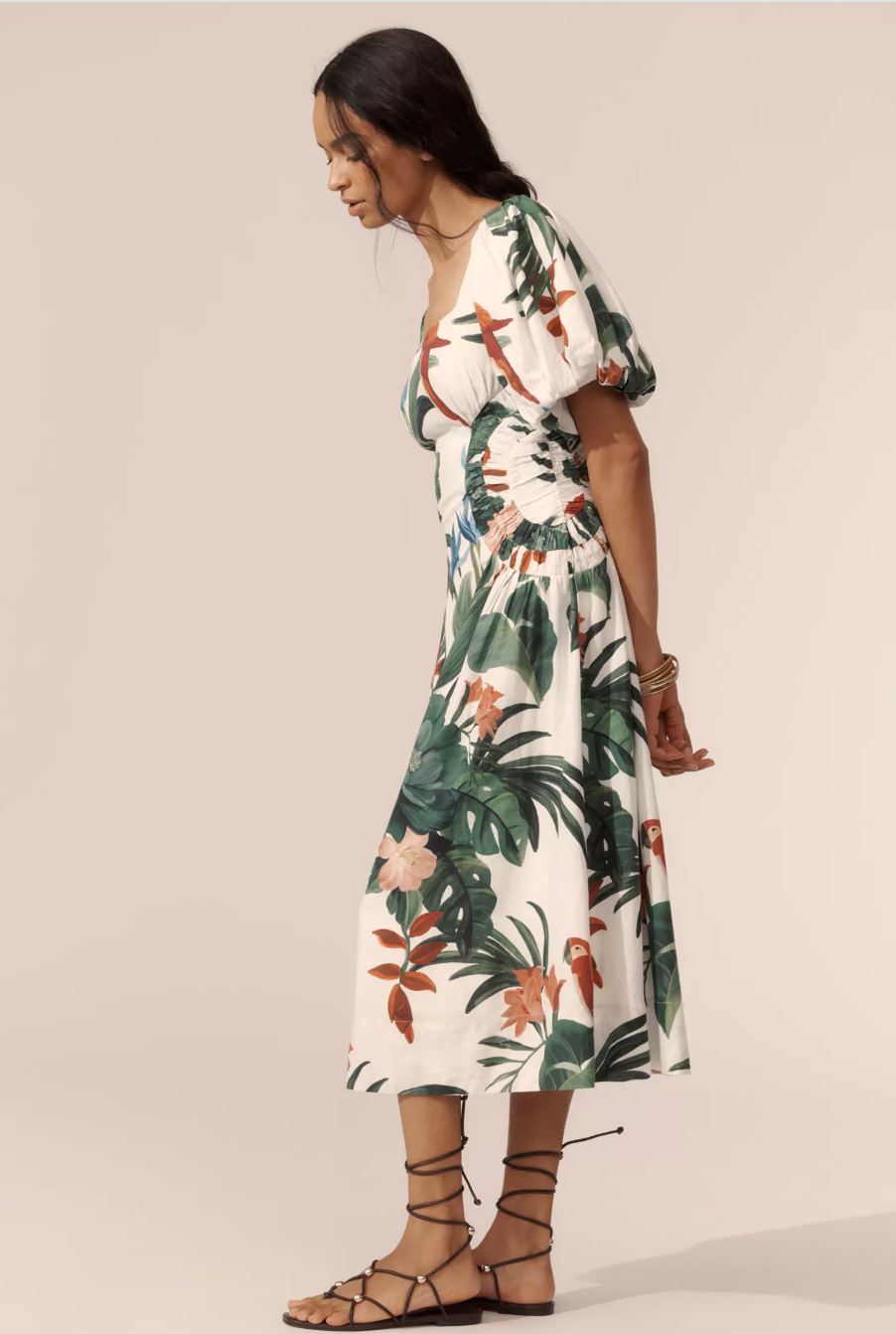 Farm Rio Midnight Macaw Fiesta Linen Blend Puff-Sleeve Midi Dress size M