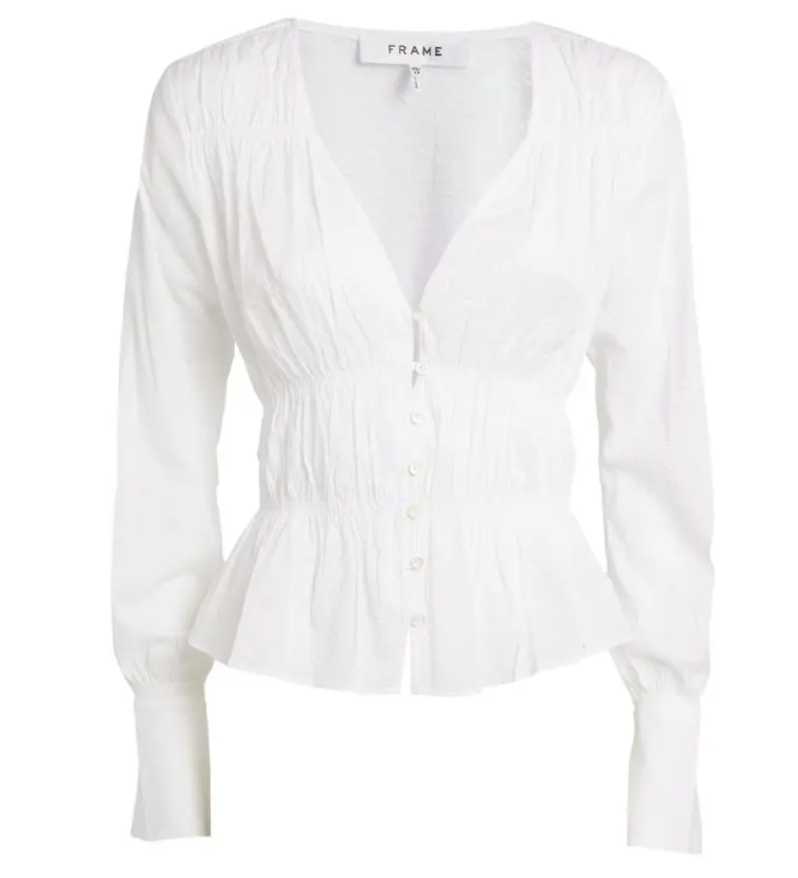 Frame White Rouched V Neck Blouse size M