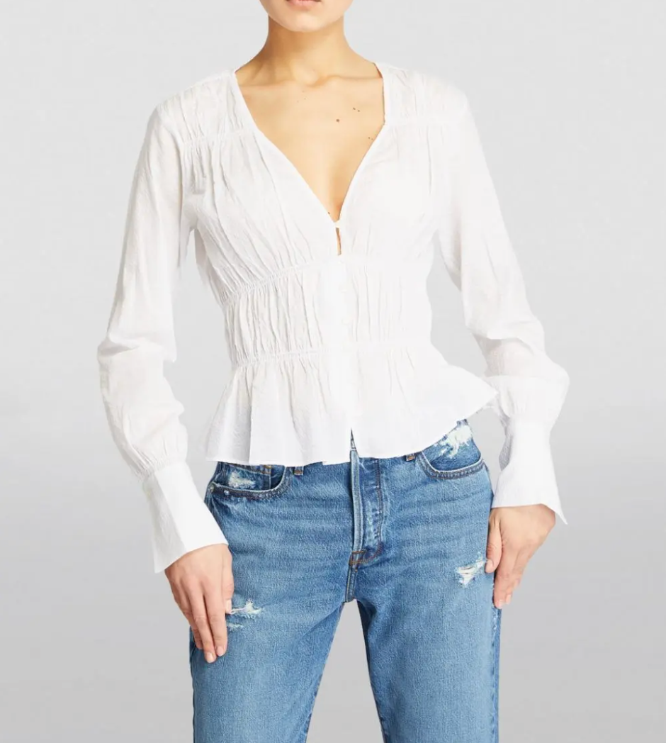 Frame White Rouched V Neck Blouse size M