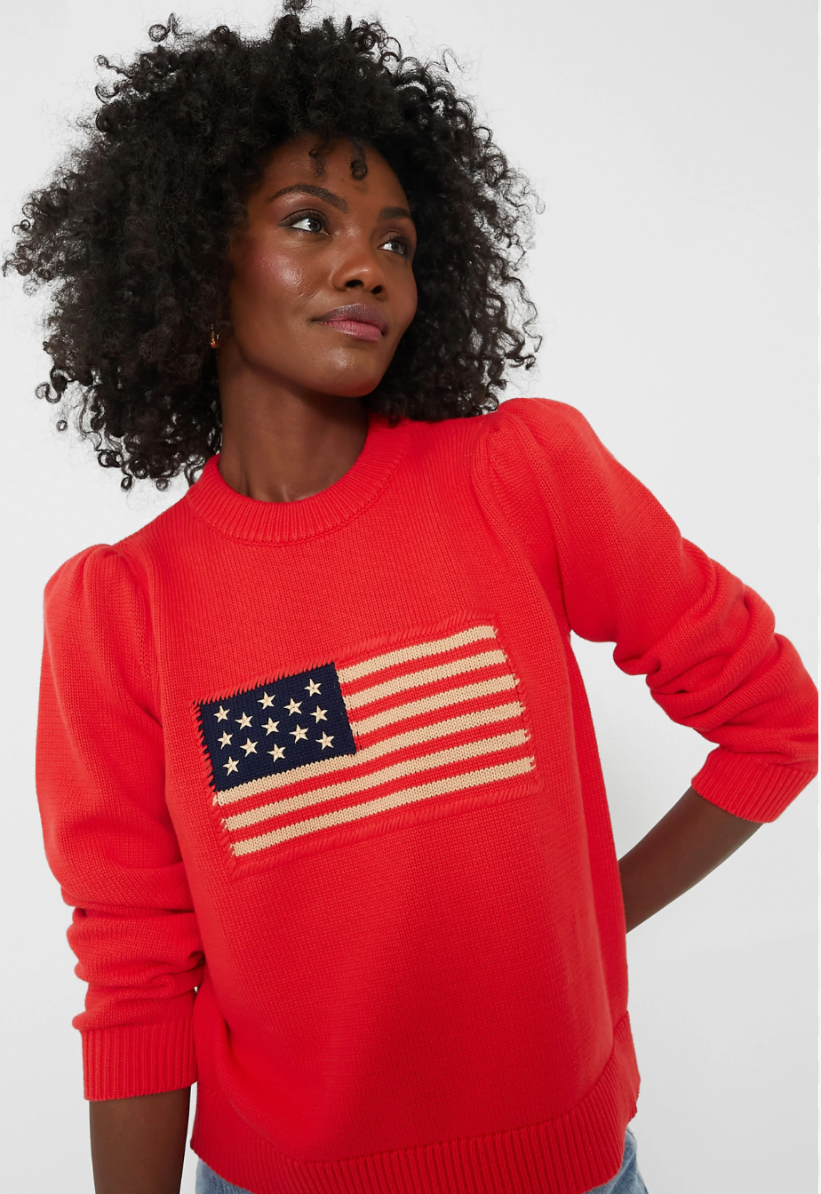 Tuckernuck Americana Cropped Puff Sleeve Flag Sweater size M