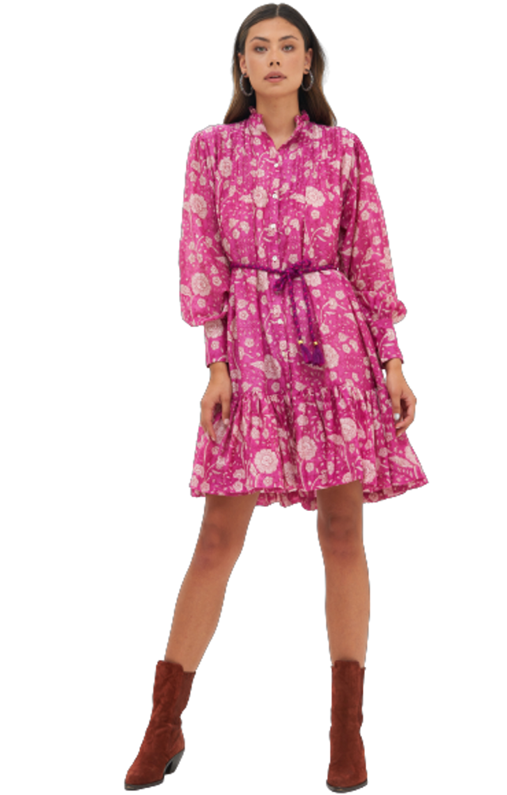 Oliphant Pintuck Flirty Dress in Magenta size XS