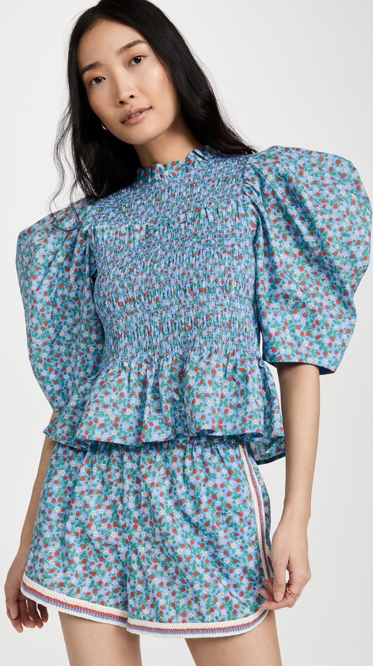 Sea New York Lilly Print Puff Sleeve Smocked Top size XS