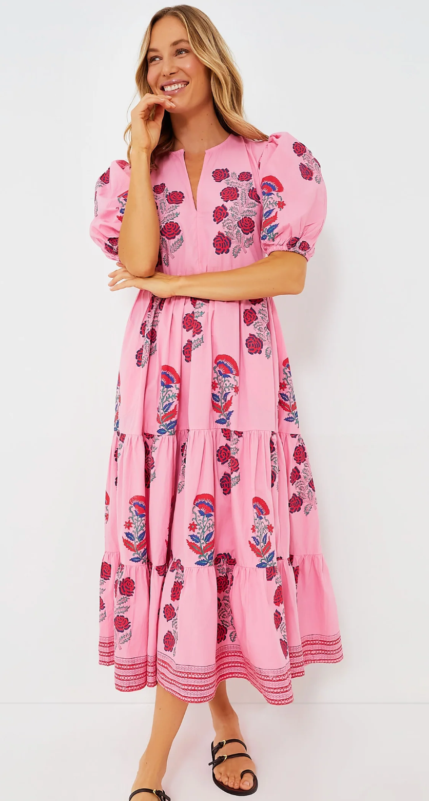 Oliphant Boca Pink Puff Sleeve Midi Dress size L