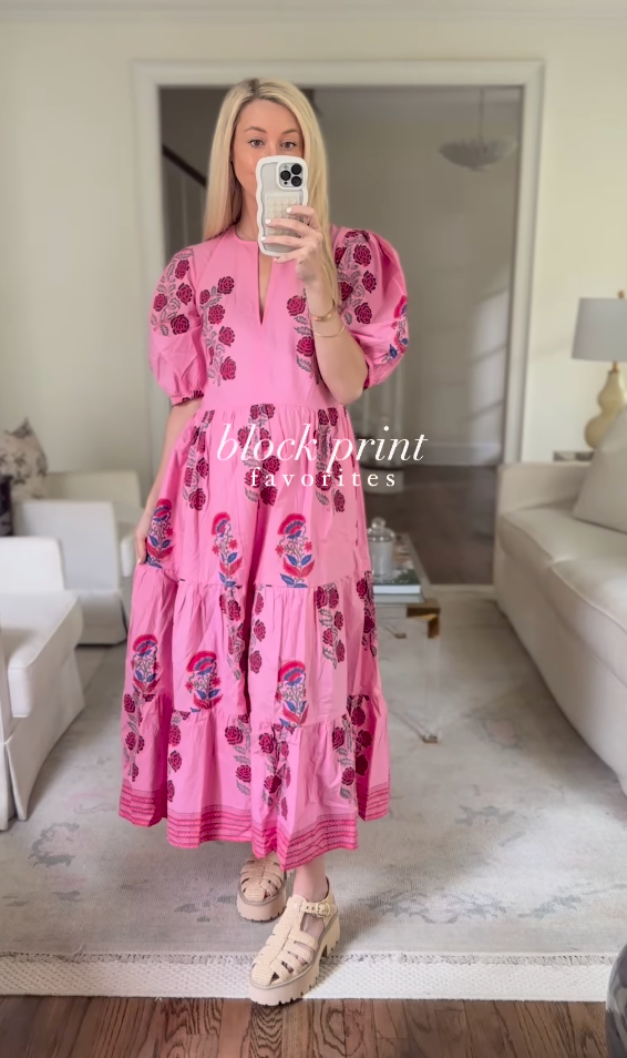 Oliphant Boca Pink Puff Sleeve Midi Dress size L