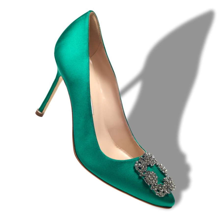 MANOLO BLAHNIK Green Satin Hangisi Pointed Toe Pumps 90mm size 37.5