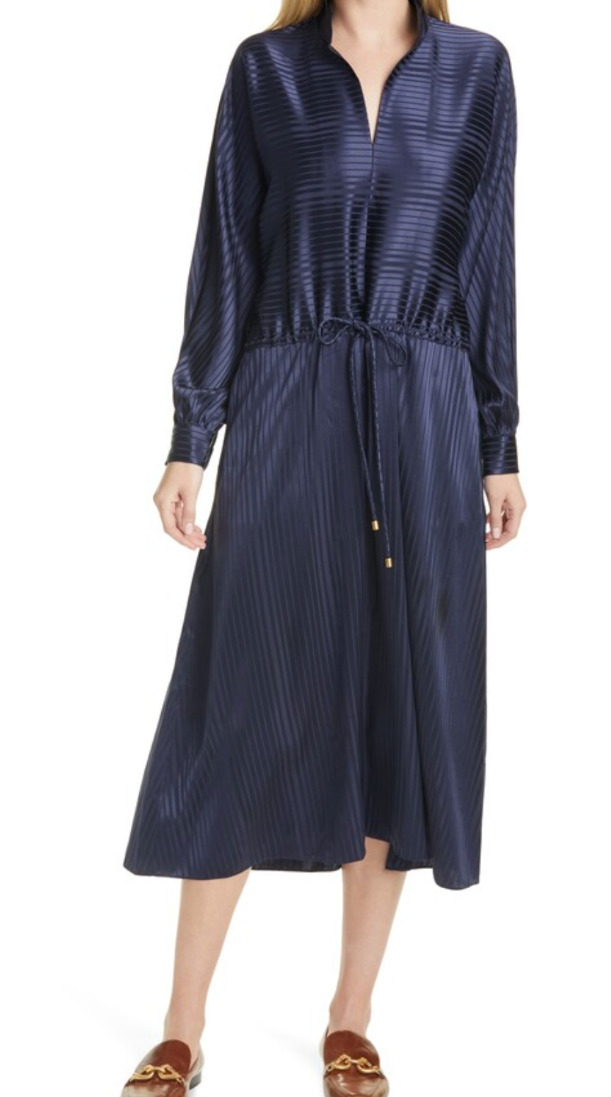Tory Burch Stripe Long Sleeve Drawstring Silk Maxi Dress size L
