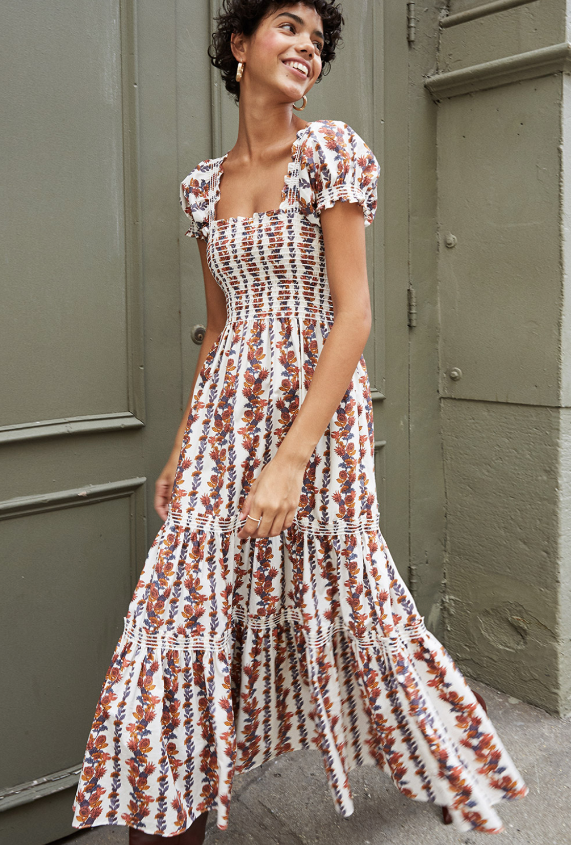Tory Burch Smocked Satin Cotton Twill Maxi Dress size L
