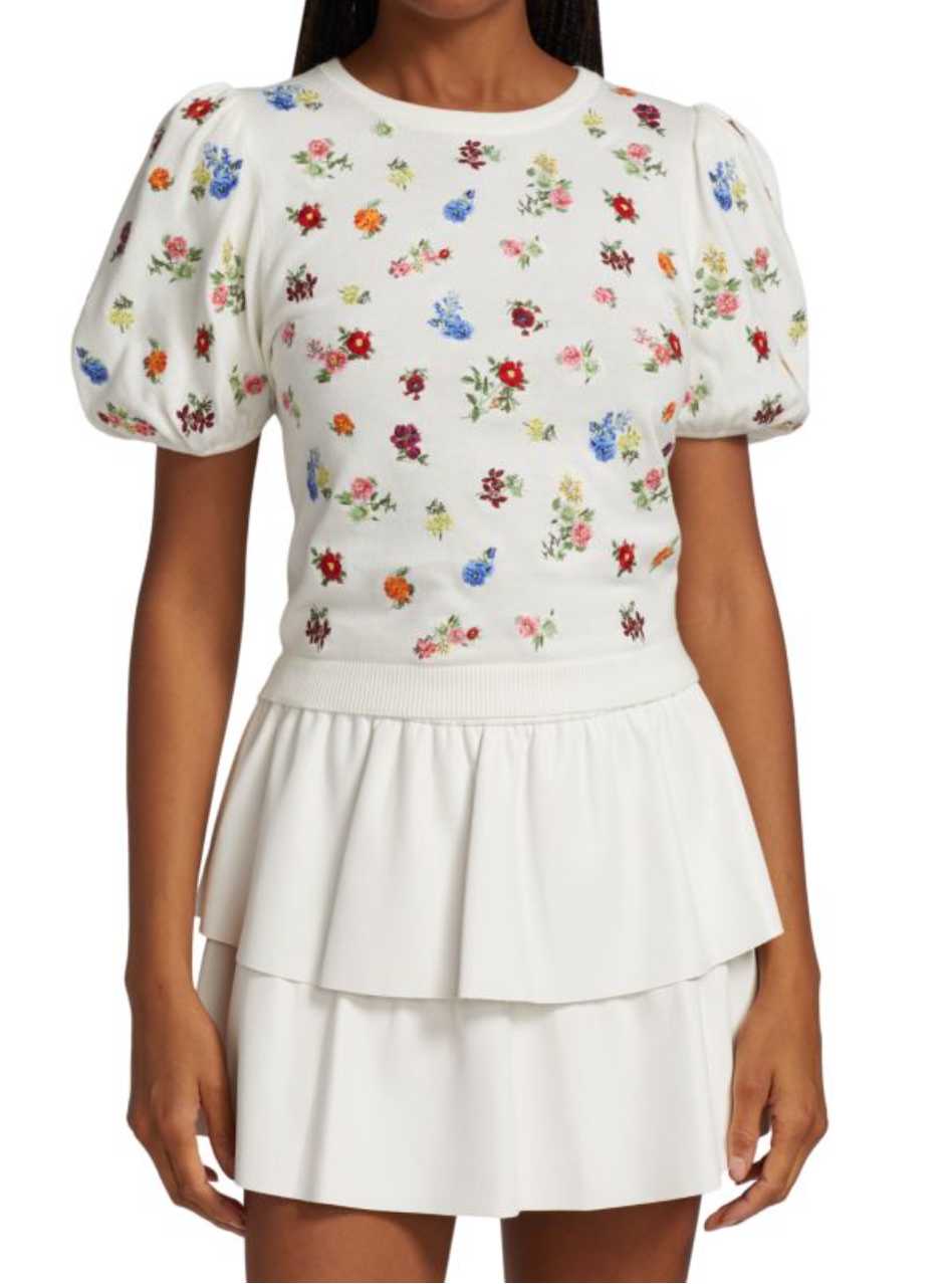 Alice and Olivia Risa Embroidered Puff Sleeve Sweater Top size S