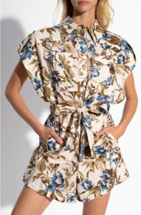 ZIMMERMANN Aliane Floral Linen Cargo Playsuit size US 4