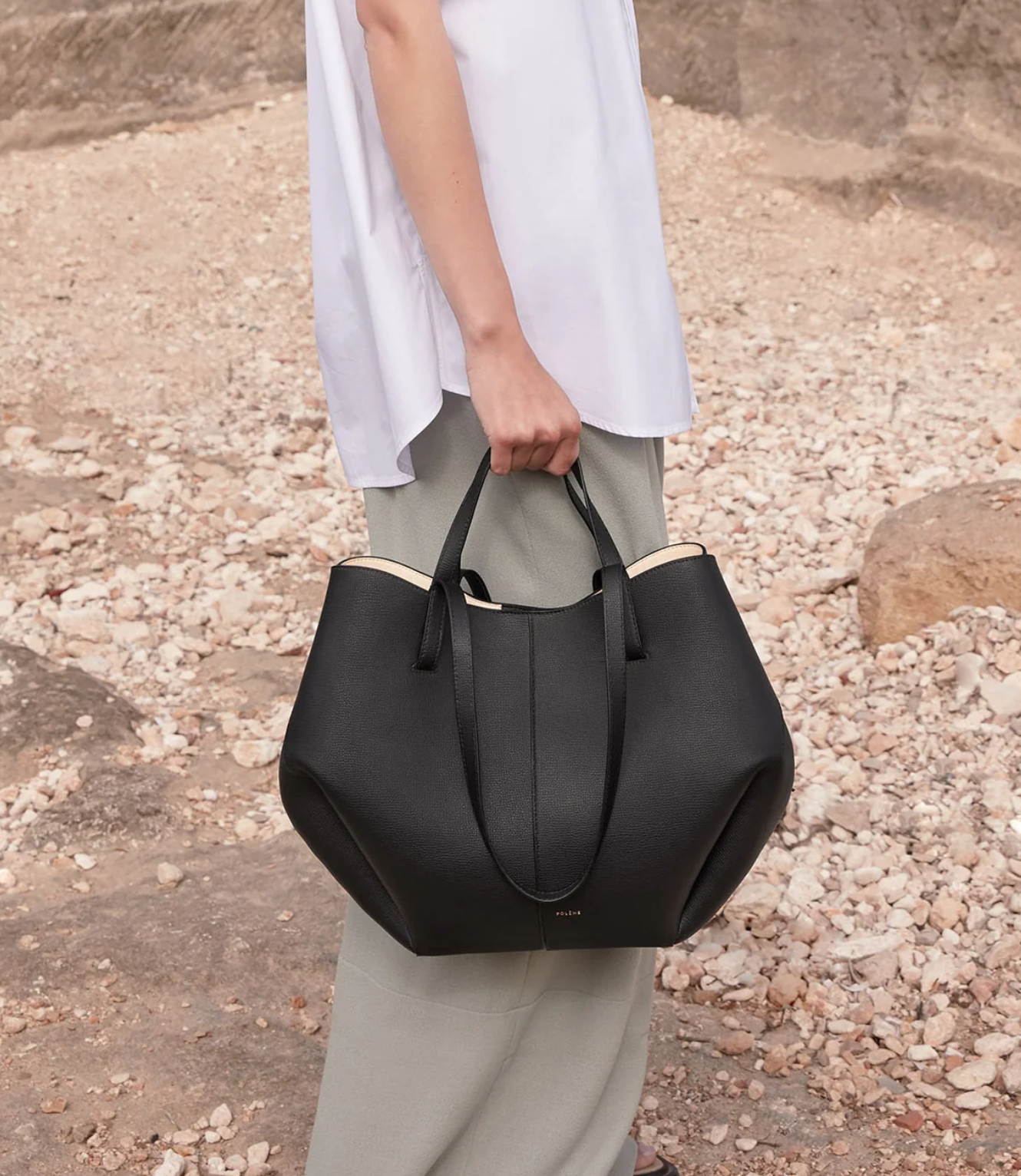 Polene Cyme Textured Black Tote