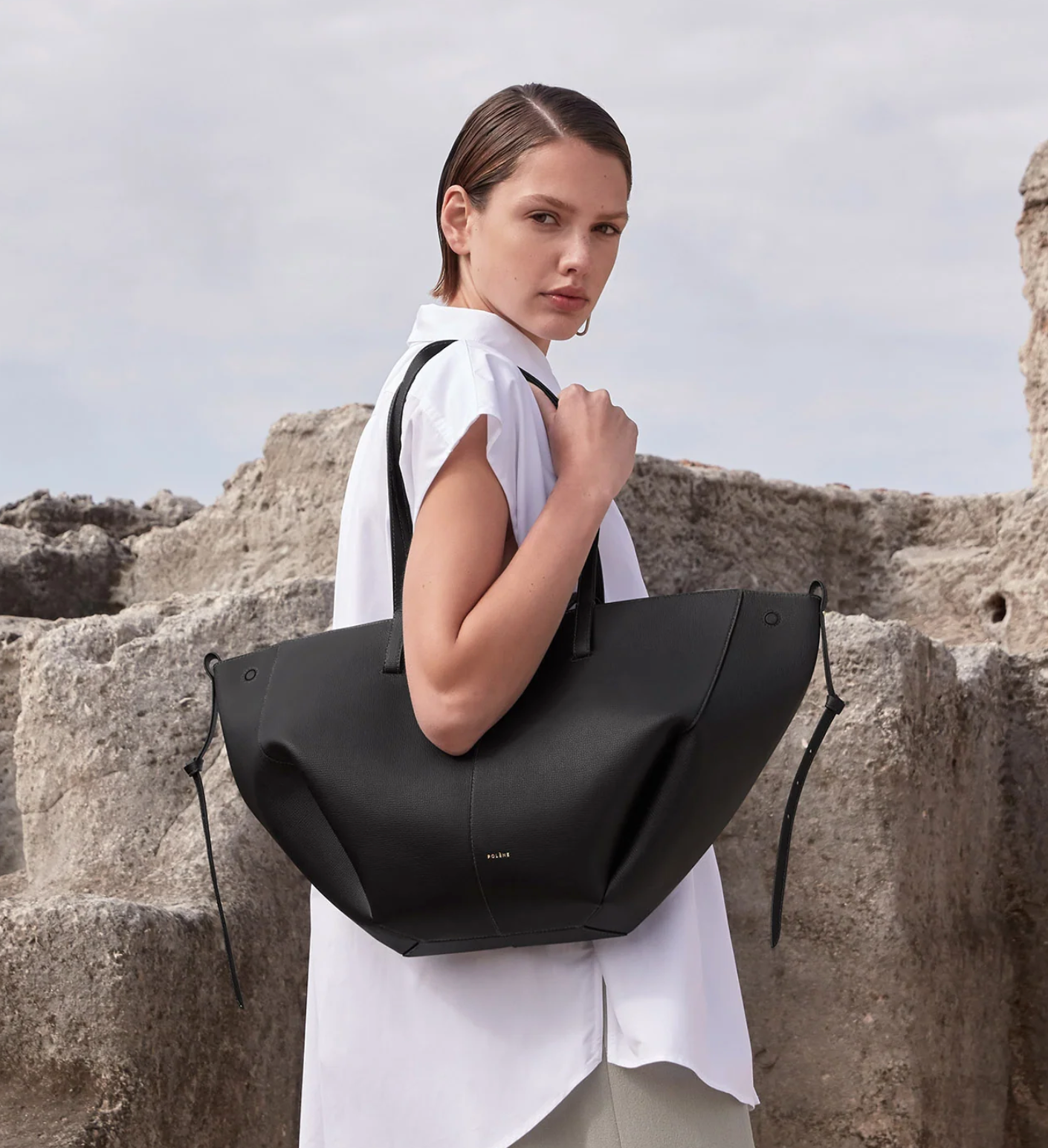Polene Cyme Textured Black Tote