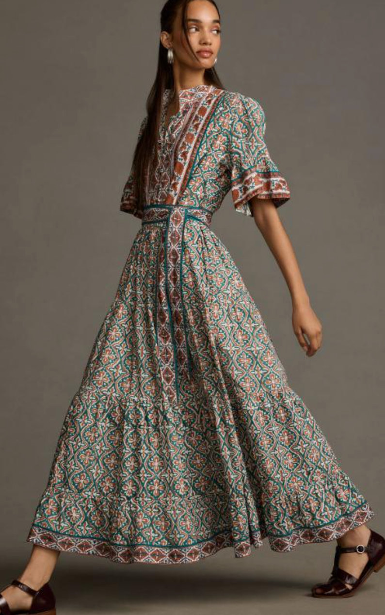 Sue Sartor Short-Sleeve Printed Midi Dress size S