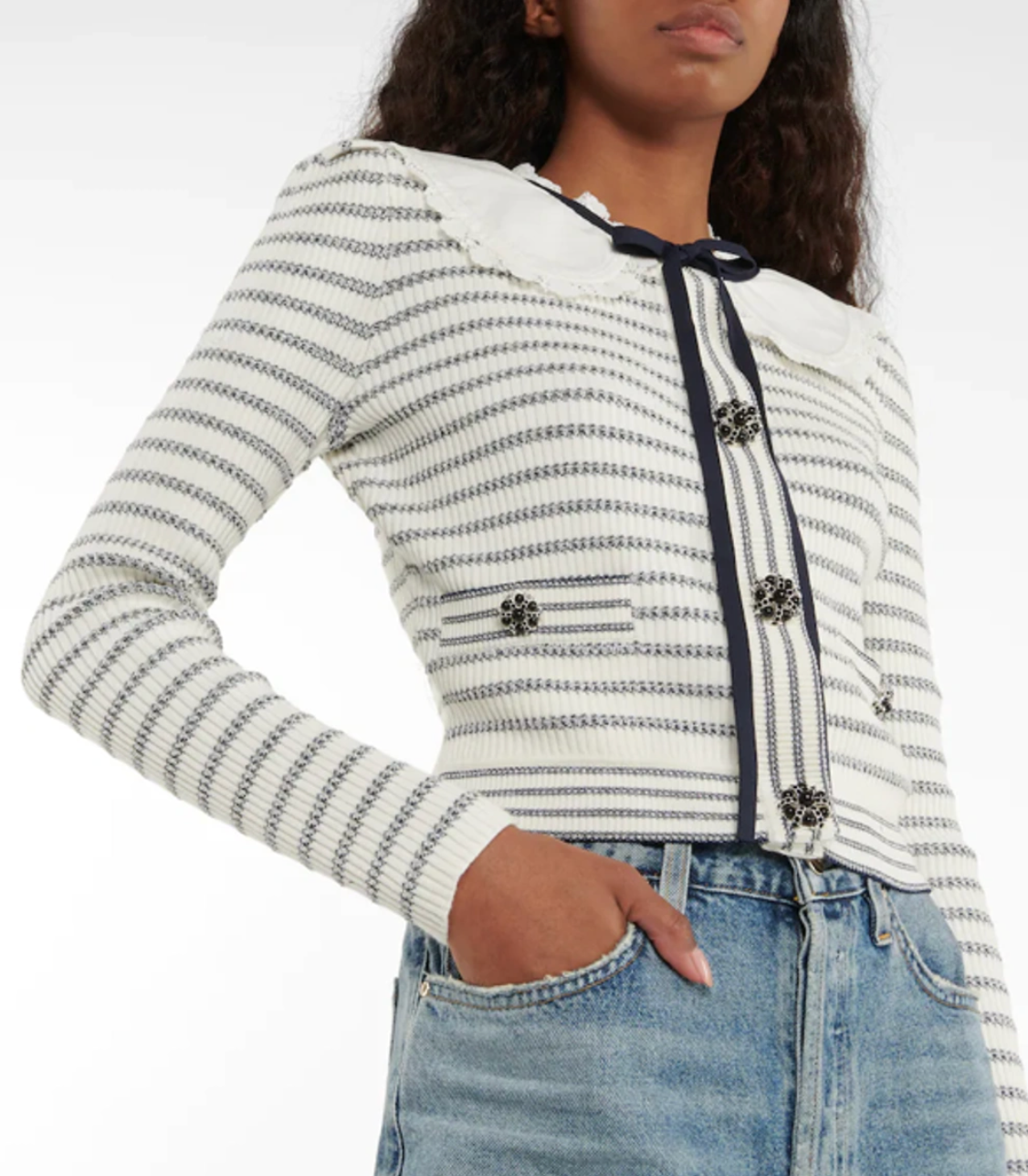 Self Portrait Embellished Striped Metallic Ribbed Cardigan size L