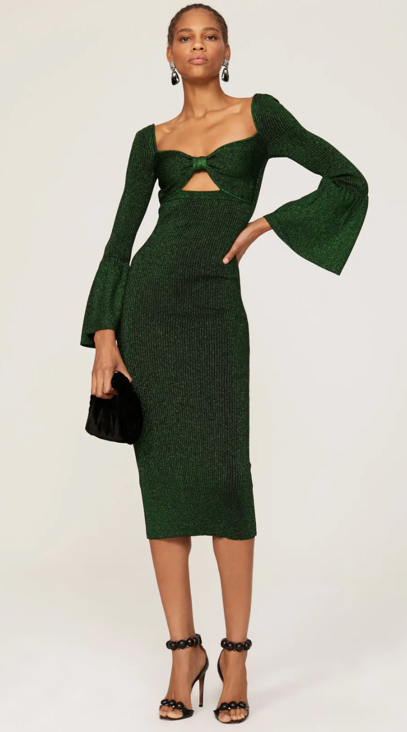 Self Portrait Bow Lurex Green Metallic Knit Midi Dress size S