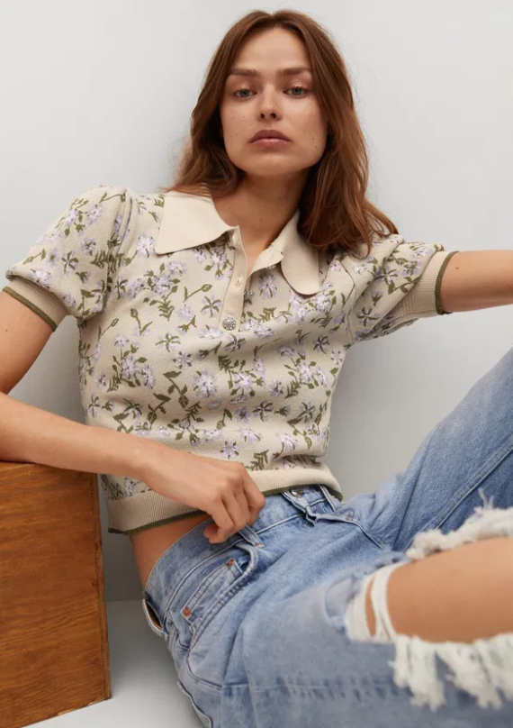 Mango Floral Crop Polo Top size M