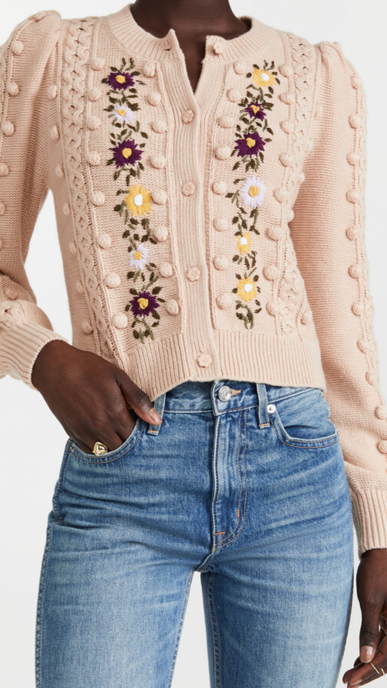 Alice and Olivia Embroidered Kitty Puff Sleeve Cardigan size S