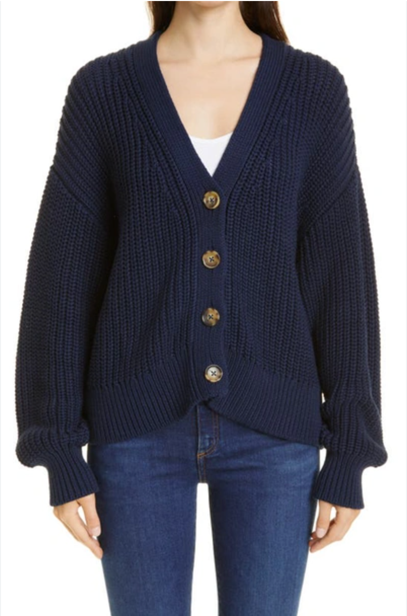 La Ligne Chunky Cotton Cardigan Sweater In Navy size M