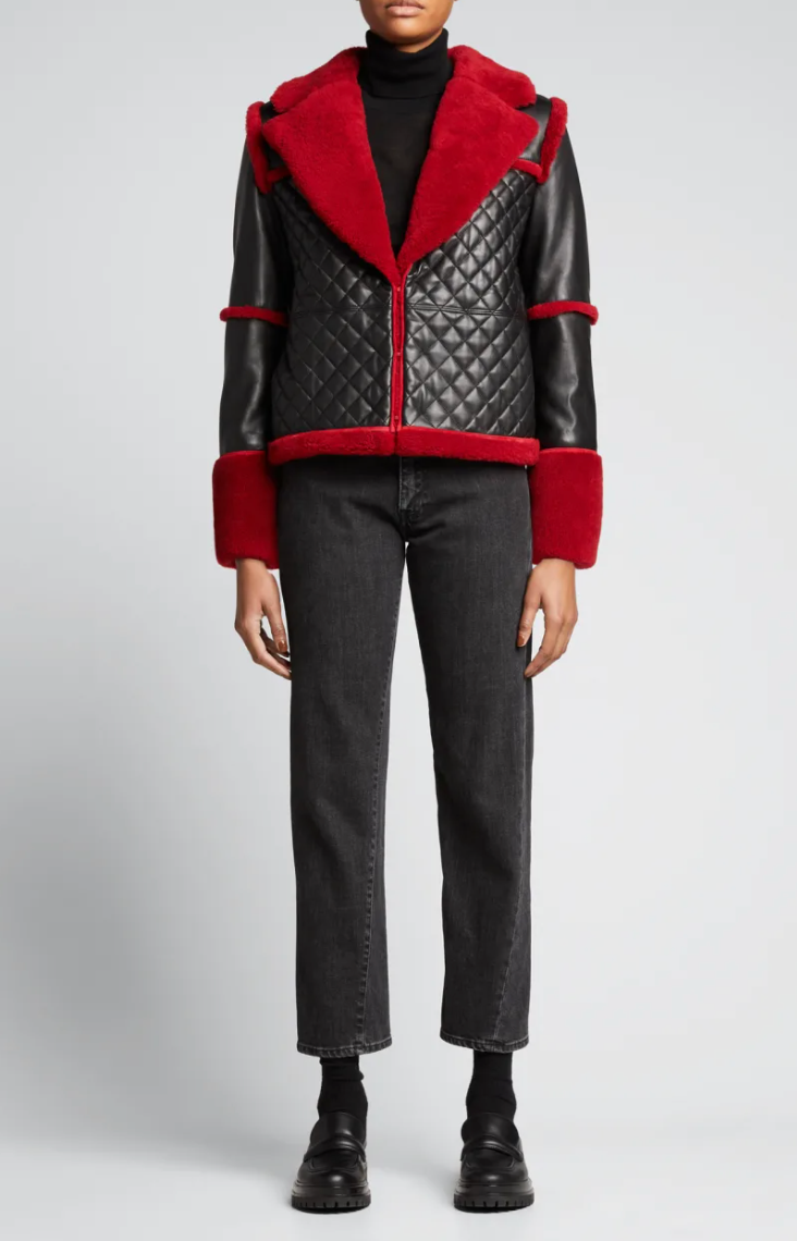 Alice and Olivia Luisana Combo Leather Shearling Coat size L