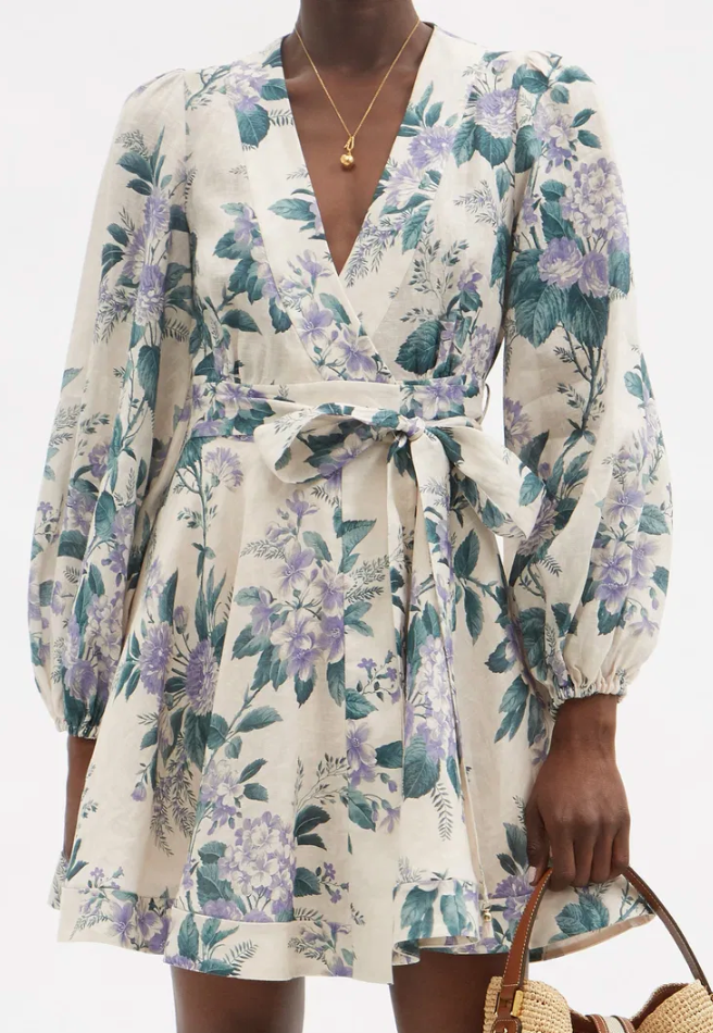 Zimmermann Cassia Floral-Print Linen-Poplin Wrap Dress size US 8