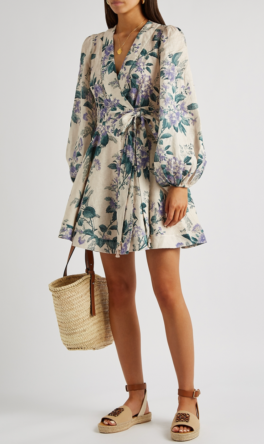 Zimmermann Cassia Floral-Print Linen-Poplin Wrap Dress size US 8