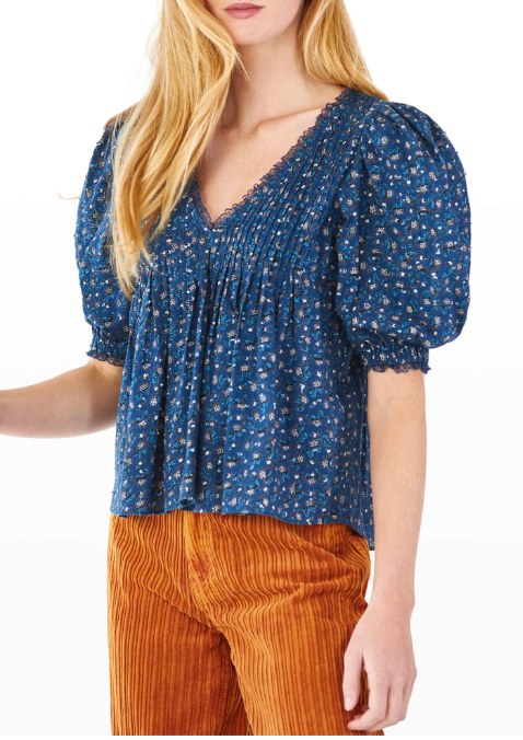 Hunter Bell Mia Puff-Sleeve Lace-Trim Printed Top size M