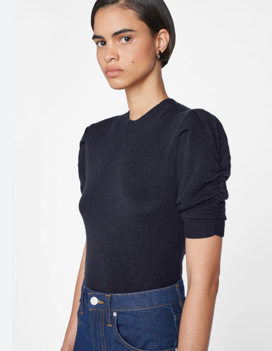 Frame Ruched Sleeve Cashmere Top Navy Blue size M