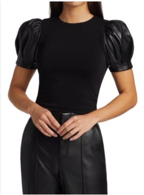 Alice and Olivia Aubrey Vegan Leather Puff Sleeve Top size 2