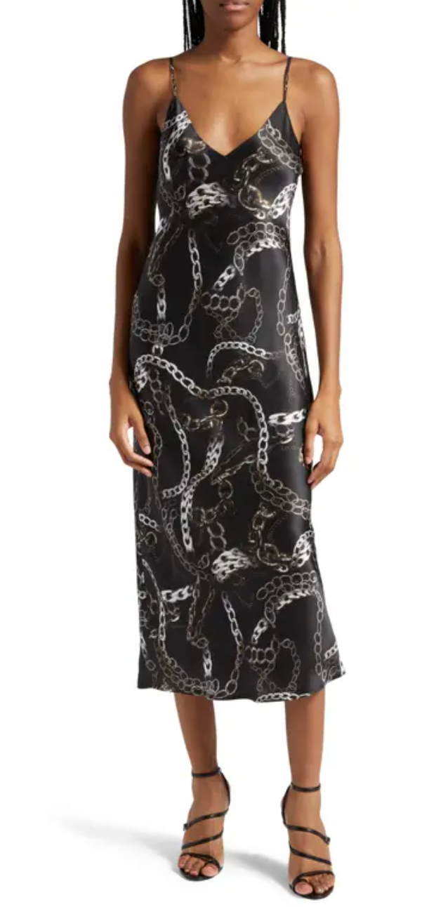 L'Agence Seridie Chain Print Silk Midi Slip Dress Black size 2
