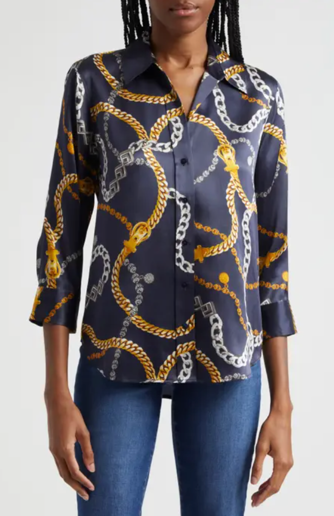 L'Agence Dani Navy Silk Charmeuse Gold Chain Blouse XS