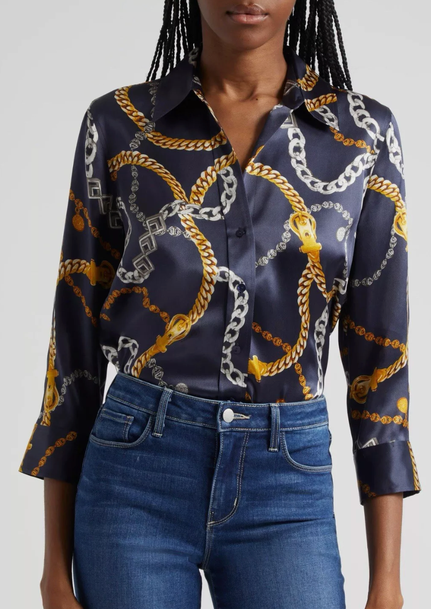 L'Agence Dani Navy Silk Charmeuse Gold Chain Blouse XS