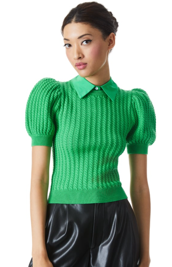 Alice and Olivia Chase Garden Green Cable Puff Sleeve Sweater size S