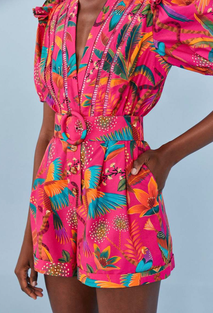Farm Rio Pink Macaw Party Cotton Romper size S