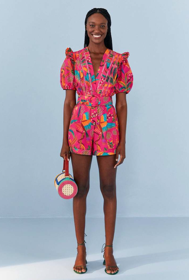 Farm Rio Pink Macaw Party Cotton Romper size S