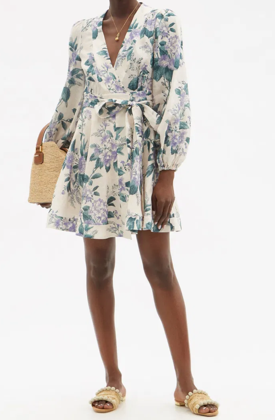Zimmermann Cassia Floral-Print Linen-Poplin Wrap Dress size US 4