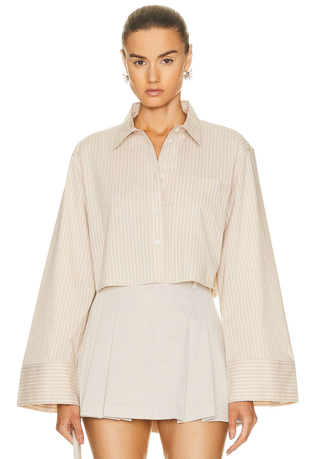 Frame Cropped Wide Sleeve Shirt in Sand size S