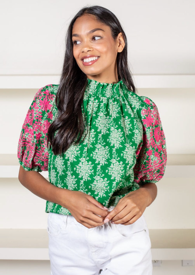 THML Anegada Embroidered Sleeve Top-Green size XS
